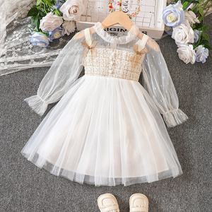 New design mesh long sleeve children's clothing jacquard bodice top tulle skirt white birthday party girl dresses for kids