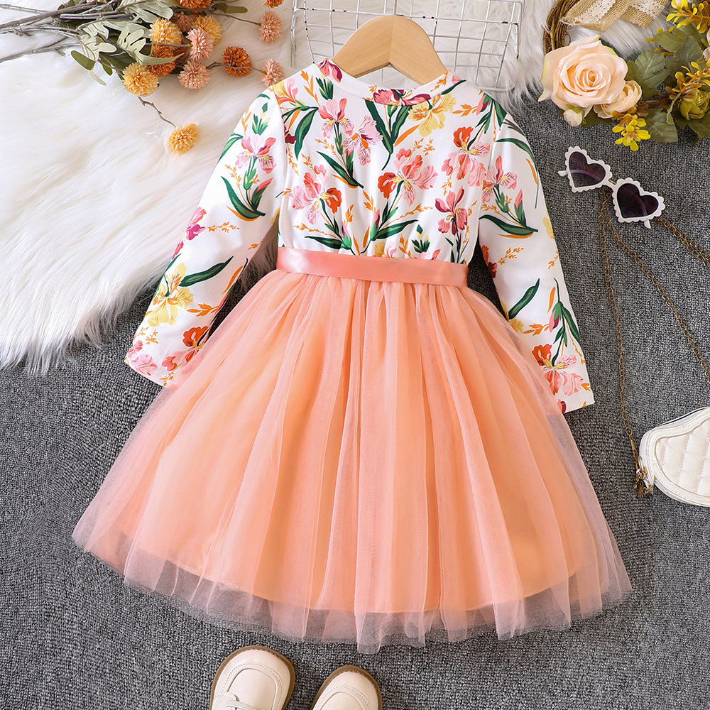 3 Colors New Girls' Spring and Autumn Long Sleeve Floral Printed Tulle Skirt Dress Girls Casual Dresses For Daily