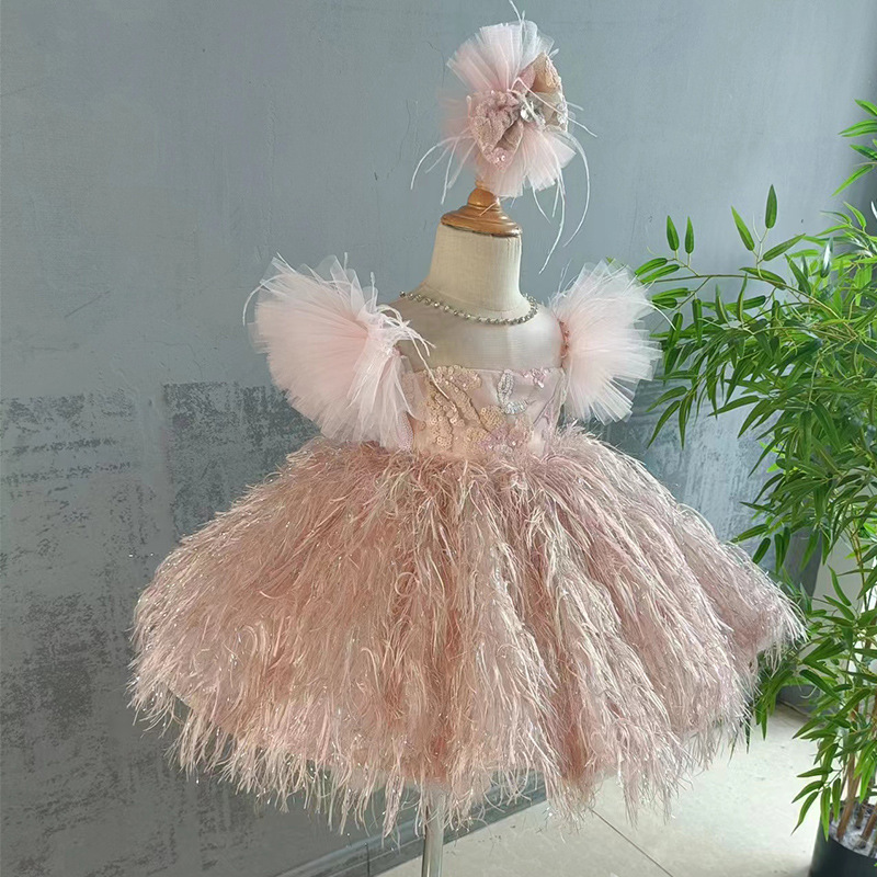 New Fashion Pink Gold Jacquard Feather Wedding Flower Girls Dresses Kids Party Fluffy TUTU Dress For Birthday