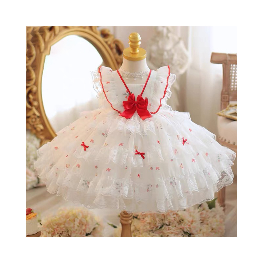 Yalindars white Lolita Girls Dresses red printed butterfly ribbon Pleated tulle lace fluffy party dress