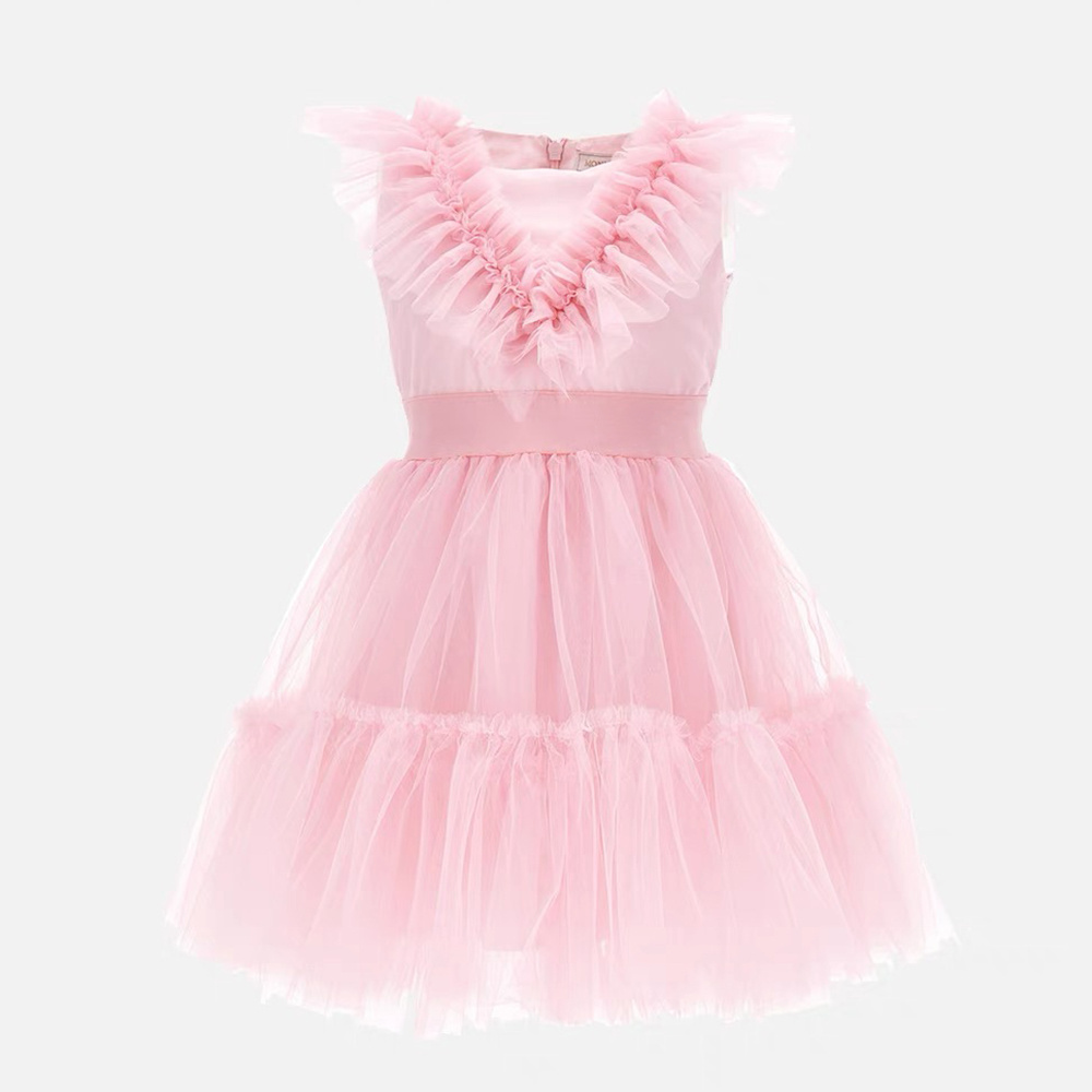 Factory direct sales 2024 Big Girl New Summer Solid Color Soft Mesh Girls' Princess Dress suit for 2-13 years old Girls