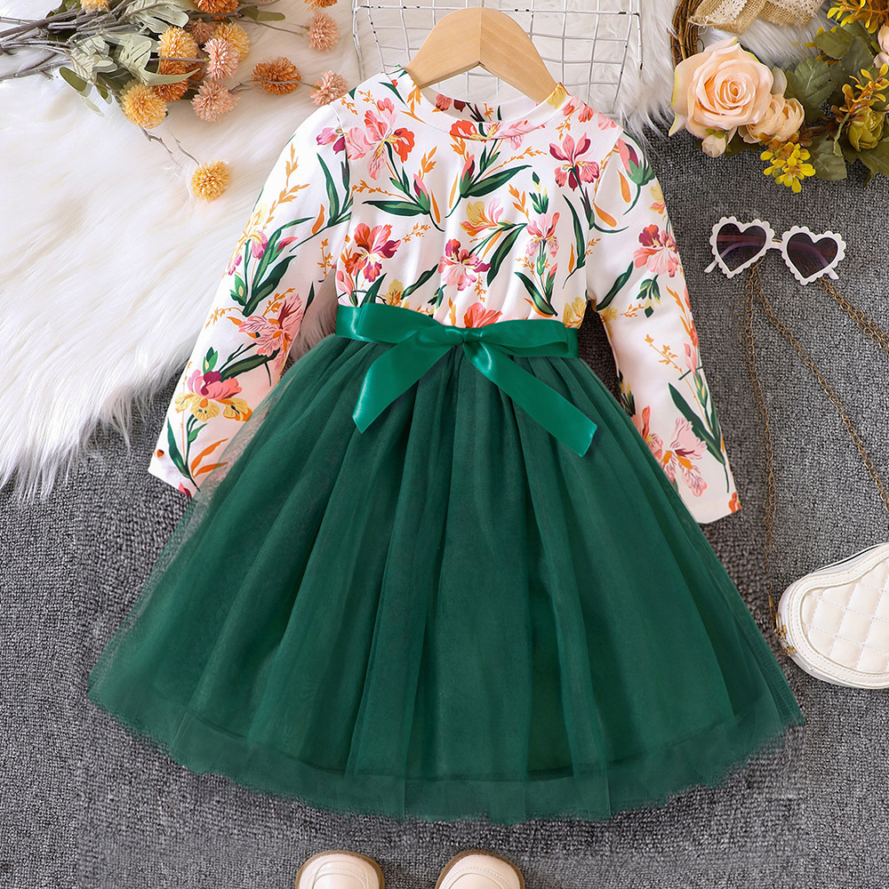 Children's clothing daily wear spring long sleeves floral print cotton top baby toddlers tulle knee length casual kids dresses