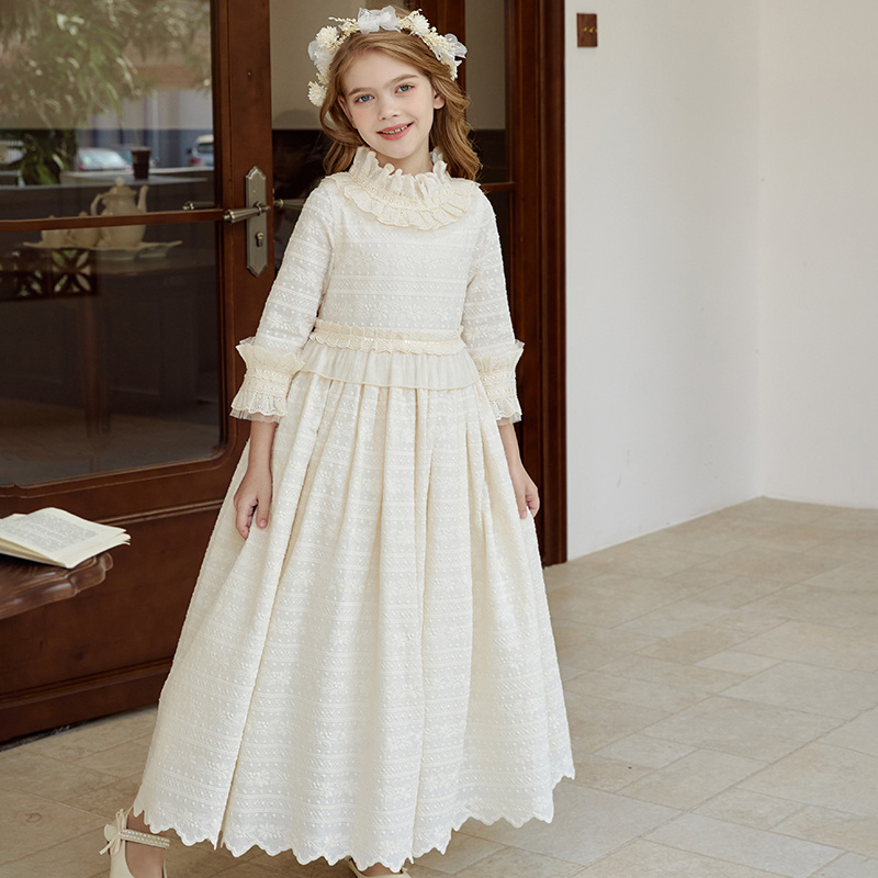 Children Christening Celebration Long Ball Gown Kids Beige Lace Tween Junior Party Holy First Communion Baptism Dress For Girl