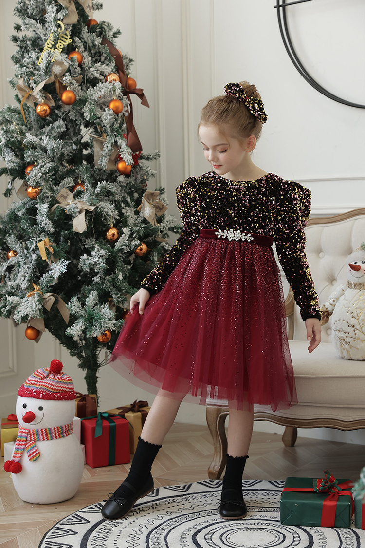 New round neck sequin dress Girl Party dress Beautiful baby girl dance show red dress ball gown for kids