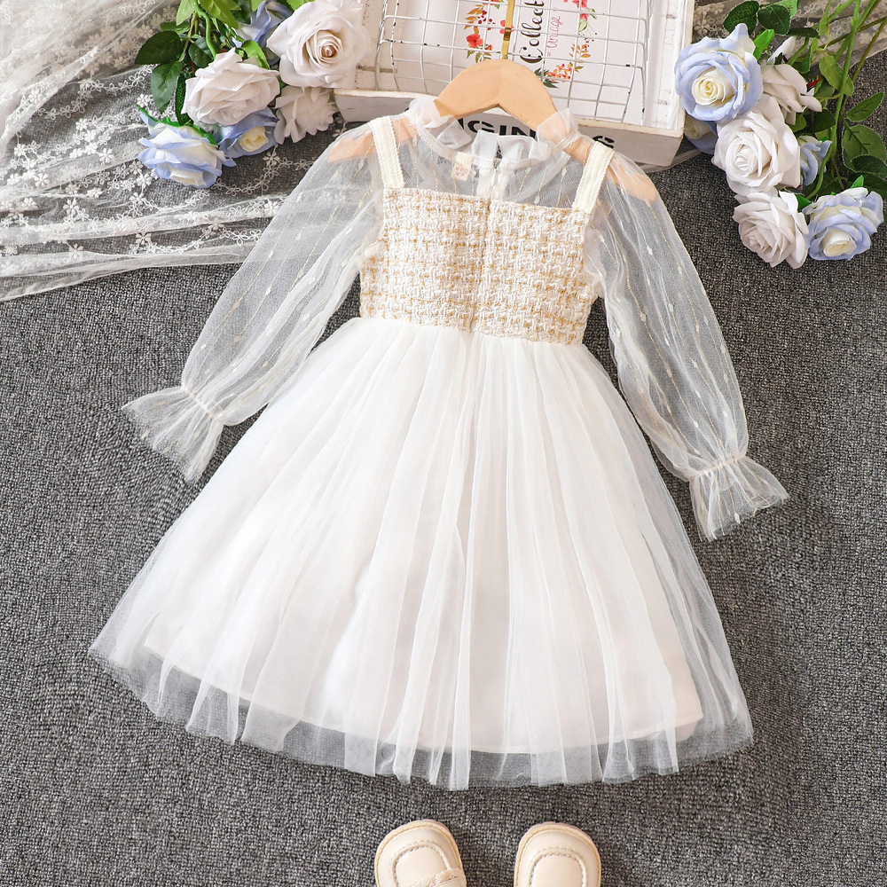 New design mesh long sleeve children's clothing jacquard bodice top tulle skirt white birthday party girl dresses for kids