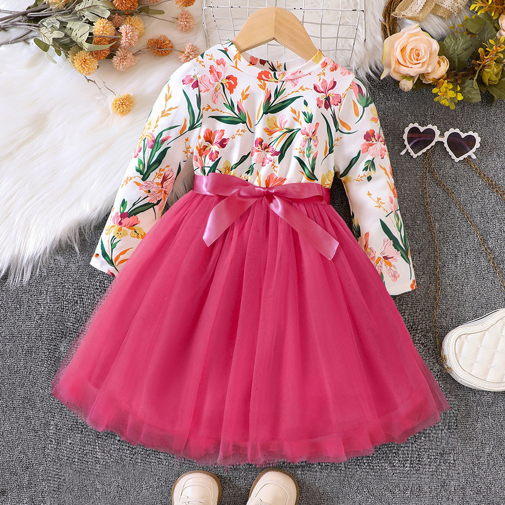 3 Colors New Girls' Spring and Autumn Long Sleeve Floral Printed Tulle Skirt Dress Girls Casual Dresses For Daily