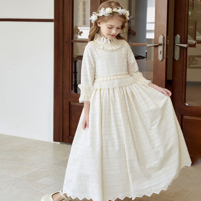 Children Christening Celebration Long Ball Gown Kids Beige Lace Tween Junior Party Holy First Communion Baptism Dress For Girl