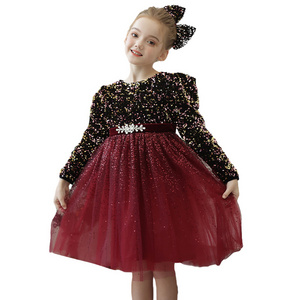 New round neck sequin dress Girl Party dress Beautiful baby girl dance show red dress ball gown for kids