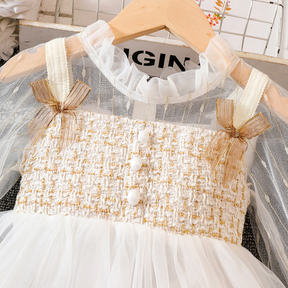 New design mesh long sleeve children's clothing jacquard bodice top tulle skirt white birthday party girl dresses for kids