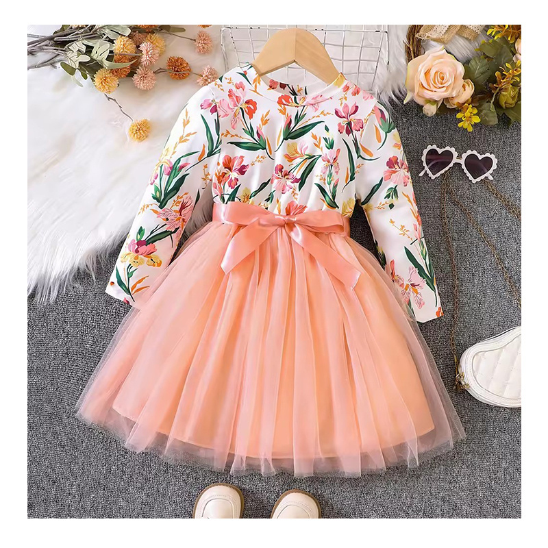 3 Colors New Girls' Spring and Autumn Long Sleeve Floral Printed Tulle Skirt Dress Girls Casual Dresses For Daily