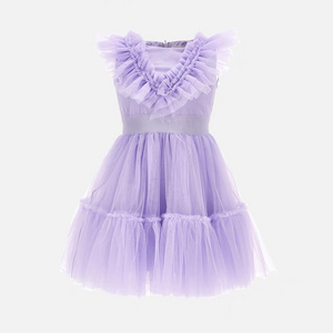 Factory direct sales 2024 Big Girl New Summer Solid Color Soft Mesh Girls' Princess Dress suit for 2-13 years old Girls