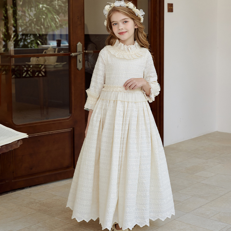 Children Christening Celebration Long Ball Gown Kids Beige Lace Tween Junior Party Holy First Communion Baptism Dress For Girl