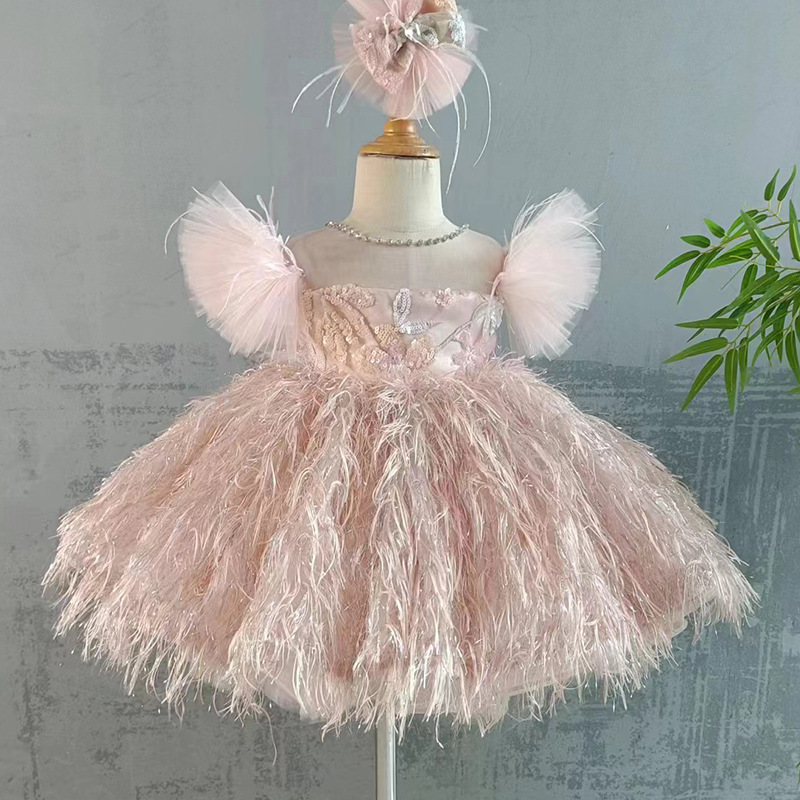 New Fashion Pink Gold Jacquard Feather Wedding Flower Girls Dresses Kids Party Fluffy TUTU Dress For Birthday