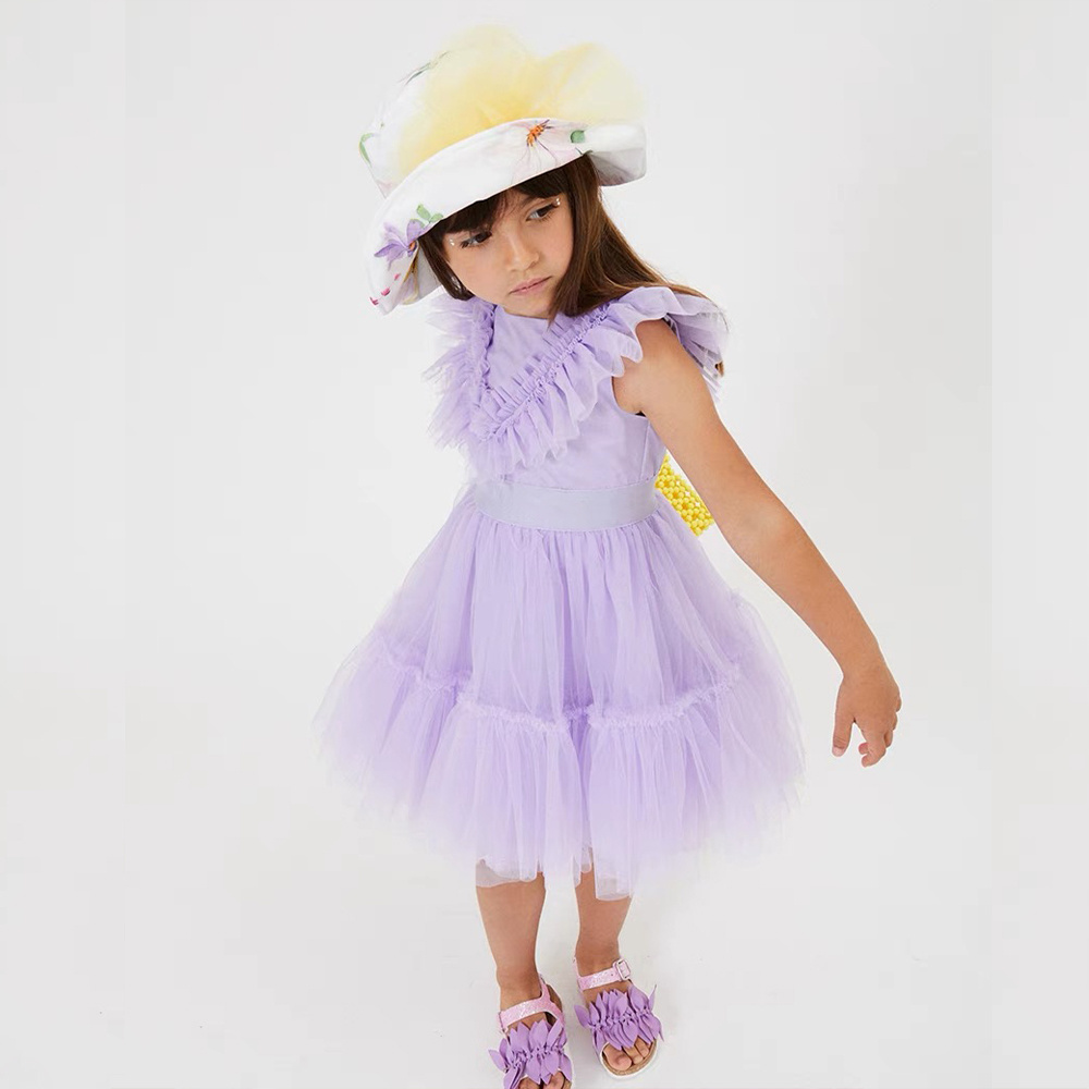 Factory direct sales 2024 Big Girl New Summer Solid Color Soft Mesh Girls' Princess Dress suit for 2-13 years old Girls