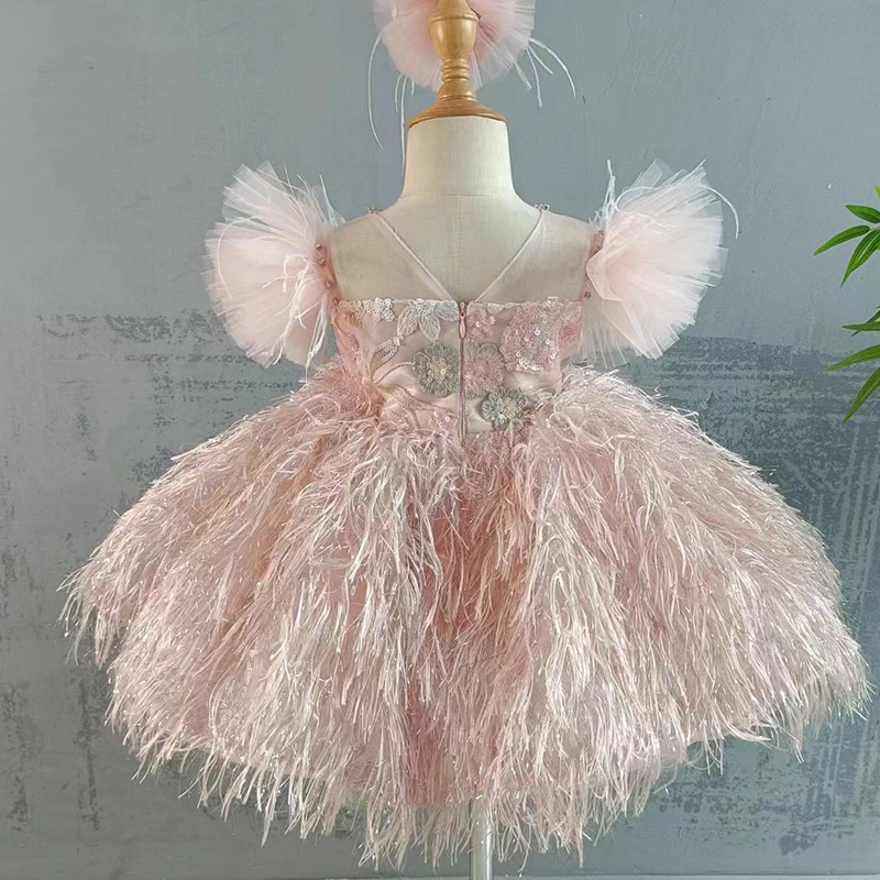 New Fashion Pink Gold Jacquard Feather Wedding Flower Girls Dresses Kids Party Fluffy TUTU Dress For Birthday