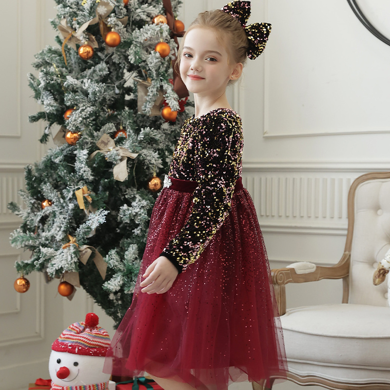 New round neck sequin dress Girl Party dress Beautiful baby girl dance show red dress ball gown for kids