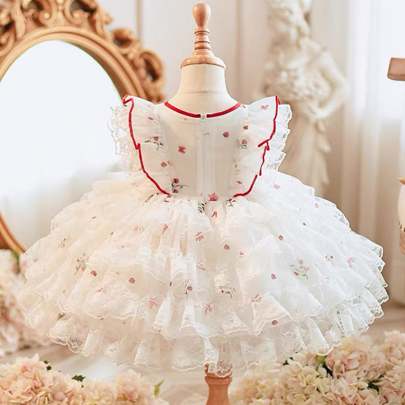 Yalindars white Lolita Girls Dresses red printed butterfly ribbon Pleated tulle lace fluffy party dress