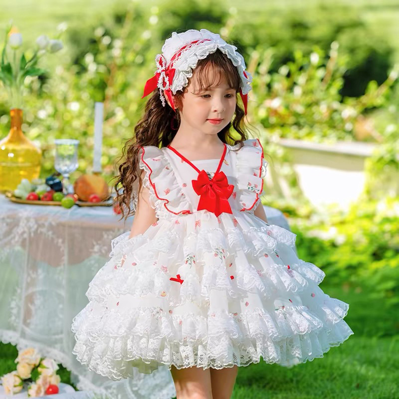 Yalindars white Lolita Girls Dresses red printed butterfly ribbon Pleated tulle lace fluffy party dress