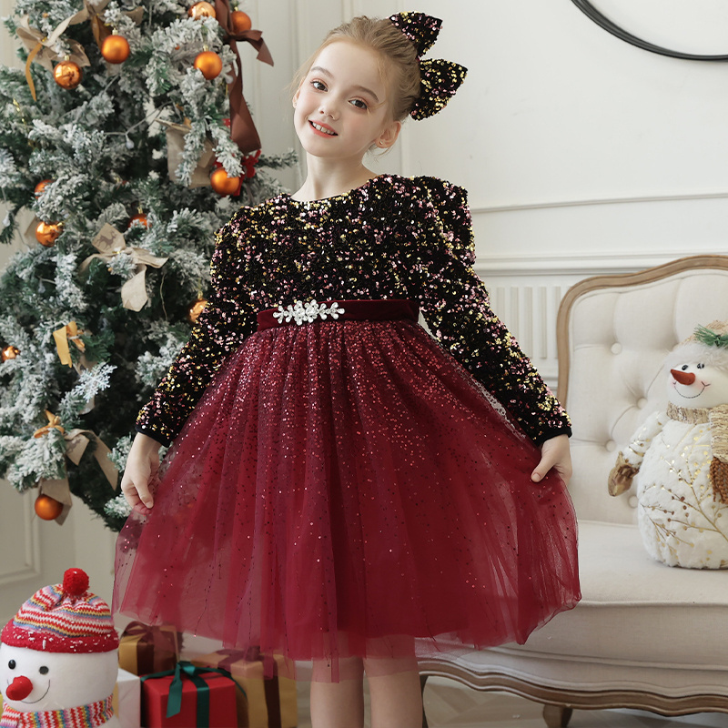 New round neck sequin dress Girl Party dress Beautiful baby girl dance show red dress ball gown for kids