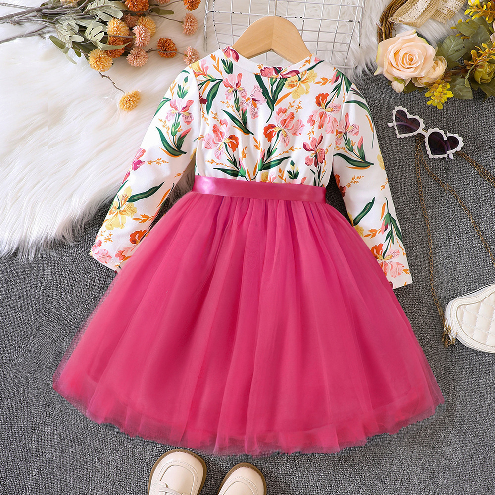 3 Colors New Girls' Spring and Autumn Long Sleeve Floral Printed Tulle Skirt Dress Girls Casual Dresses For Daily