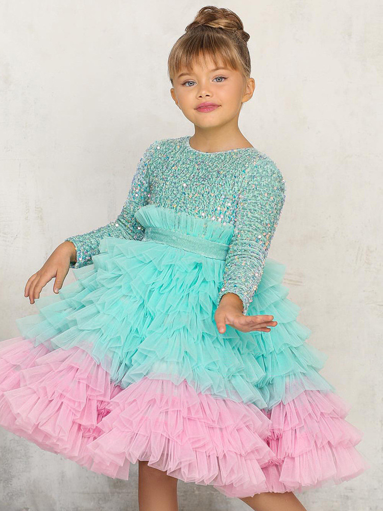 Elegant Girls Dresses Teen Girl Sequined Party Layered Dress Formal Ceremony Clothing Children Bridesmaid Summer Vestidos