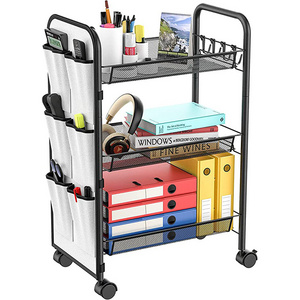 JH-Mech Utility Cart with Storage Bag Multifunction Metal Mesh Wire Organizer 3 Tiers File Metal Rolling Storage Cart