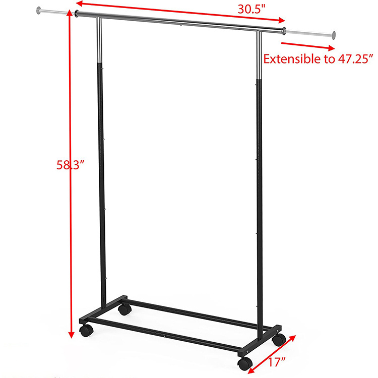 JH-Mech Garment Clothing Rack with Wheels Elegant Black Paint Easy Assembly Heavy Duty Steel Metal Garment Rack