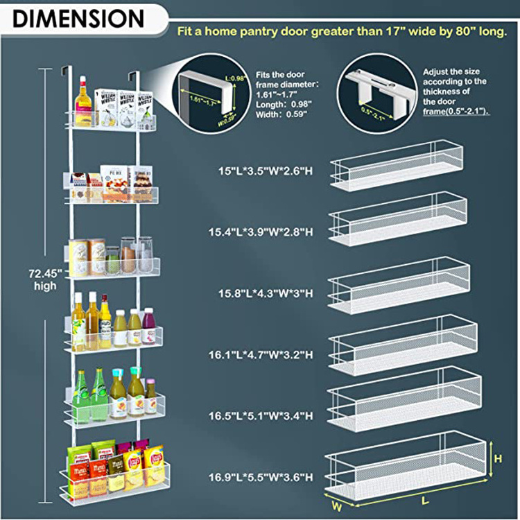 JH-Mech 6-Tier Mesh Basket Hanging and Wall Mounted Pantry Door Organizer with Adjustable Hooks Over the Door Pantry Organizer