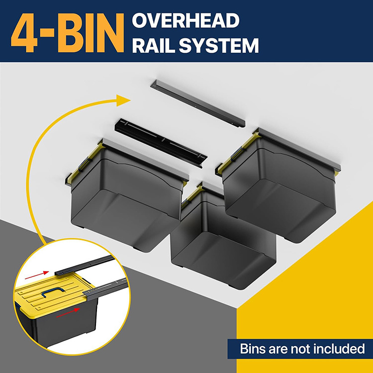 JH-Mech 4 Bins Overhead Tote Storage Rails Great Space Saver Steel Garage Ceiling Slide Rack for Utility Bins