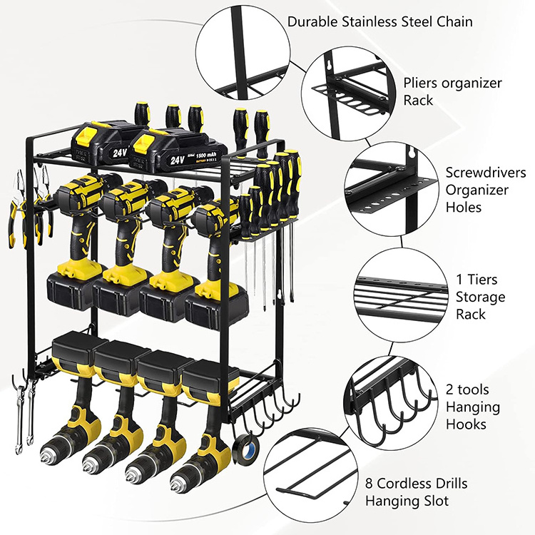 JH-Mech Tool Shelf with 8 Drill Slots Utility Storage Rack Widy Used Heavy Duty Metal Power Tool Organizer with Charging Station