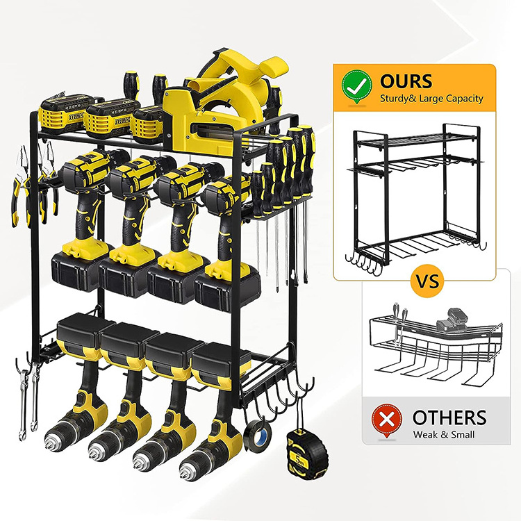 JH-Mech Tool Shelf with 8 Drill Slots Utility Storage Rack Widy Used Heavy Duty Metal Power Tool Organizer with Charging Station