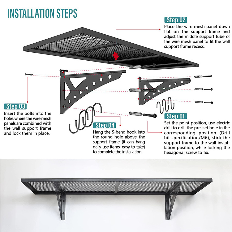 JH-Mech Custom Indoor Scratch Resistant Black Powder Coating Steel Wire Wall Shelf Garage Storage Rack Floating Shelves