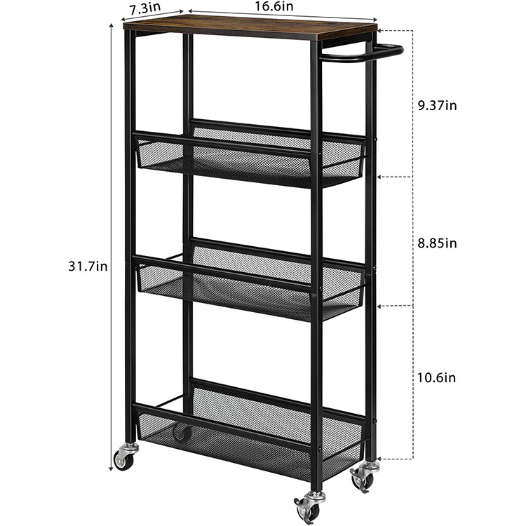 JH-Mech 4 Tier Rolling Kitchen Shelving Unit on Wheels Mobile Narrow Cart with Wooden Tabletop Slim Rolling Storage Cart