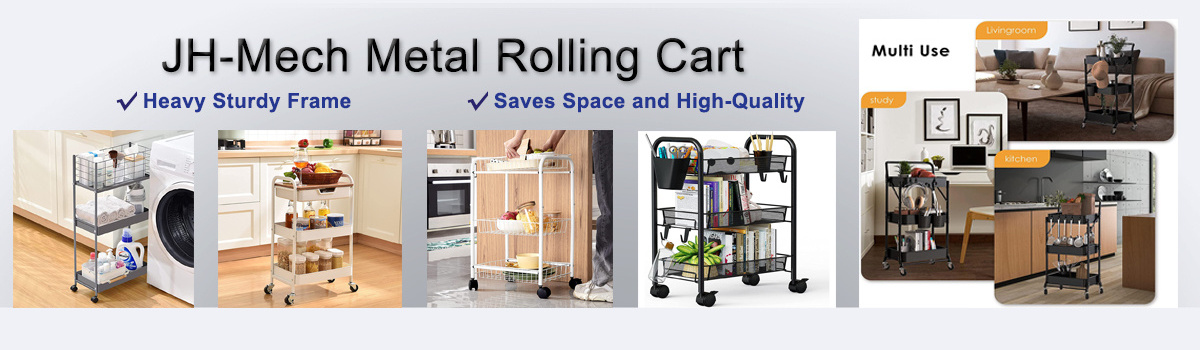 JH-Mech 4 Tier Rolling Kitchen Shelving Unit on Wheels Mobile Narrow Cart with Wooden Tabletop Slim Rolling Storage Cart