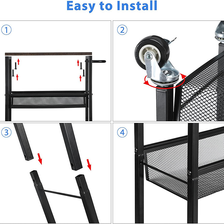 JH-Mech 4 Tier Rolling Kitchen Shelving Unit on Wheels Mobile Narrow Cart with Wooden Tabletop Slim Rolling Storage Cart