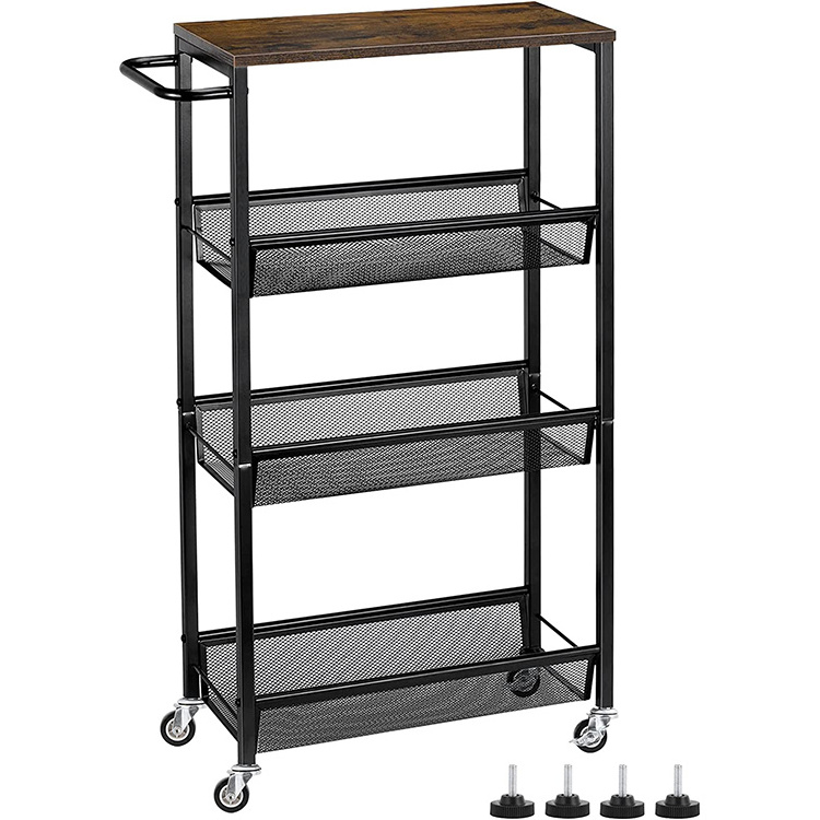 JH-Mech 4 Tier Rolling Kitchen Shelving Unit on Wheels Mobile Narrow Cart with Wooden Tabletop Slim Rolling Storage Cart