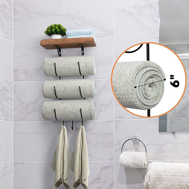 JH-Mech Black Metal Bath Towel Holder Storage Hand Towels with Wood Shelf and 3 Hooks Wall Mounted Bathroom Towel Rack