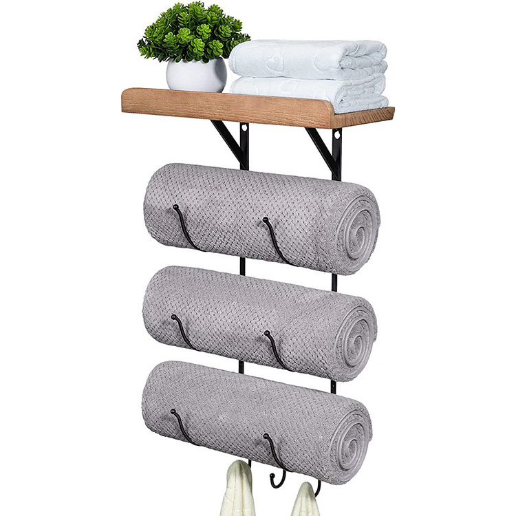 JH-Mech Black Metal Bath Towel Holder Storage Hand Towels with Wood Shelf and 3 Hooks Wall Mounted Bathroom Towel Rack