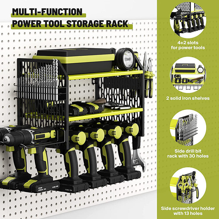 JH-Mech Removable Design Power Tool Storage Rack with 6 Drill Slot Heavy Duty Metal Power Tool Organizer Drill Holder Wall Mount