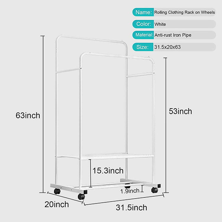 JH-Mech Clothing Rack with Wheels Large Storage Space Double Rails Rolling Rack for Indoor Bedroom Steel Clothing Rack