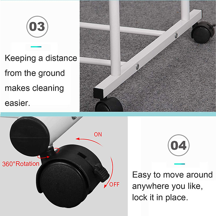 JH-Mech Clothing Rack with Wheels Large Storage Space Double Rails Rolling Rack for Indoor Bedroom Steel Clothing Rack