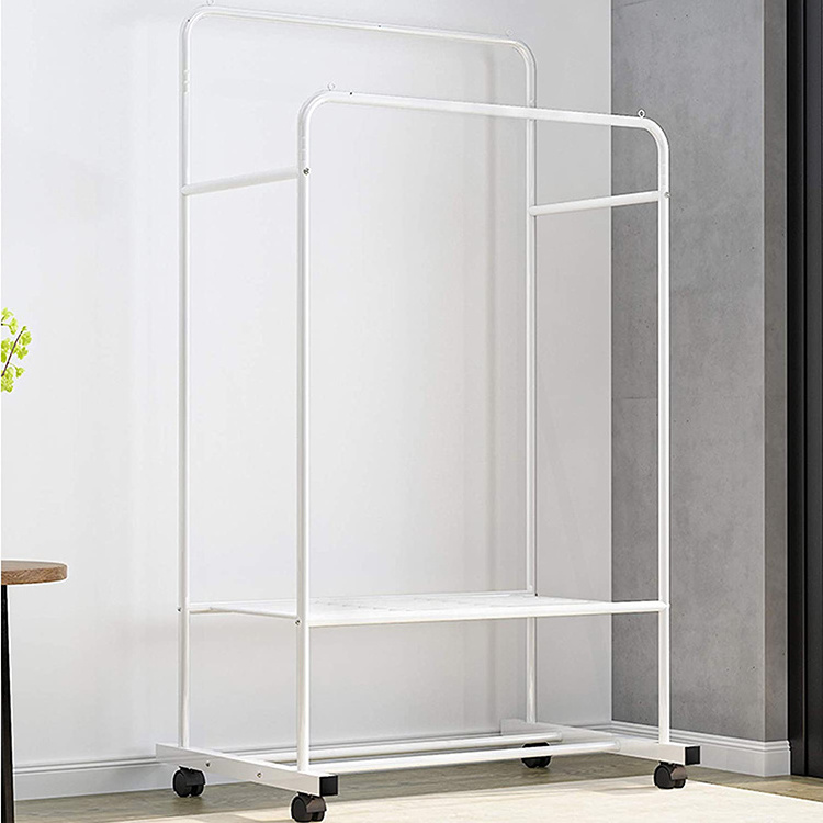 JH-Mech Clothing Rack with Wheels Large Storage Space Double Rails Rolling Rack for Indoor Bedroom Steel Clothing Rack