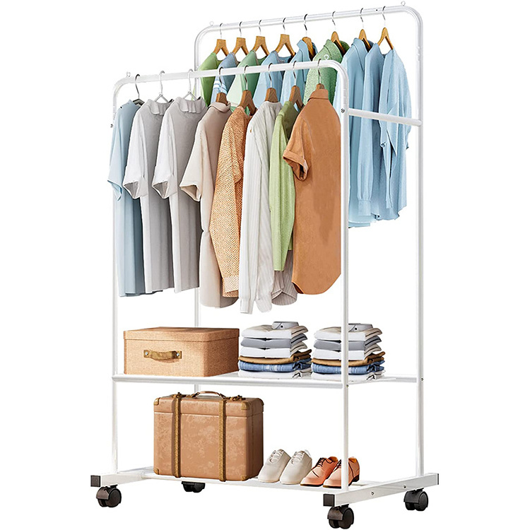 JH-Mech Clothing Rack with Wheels Large Storage Space Double Rails Rolling Rack for Indoor Bedroom Steel Clothing Rack