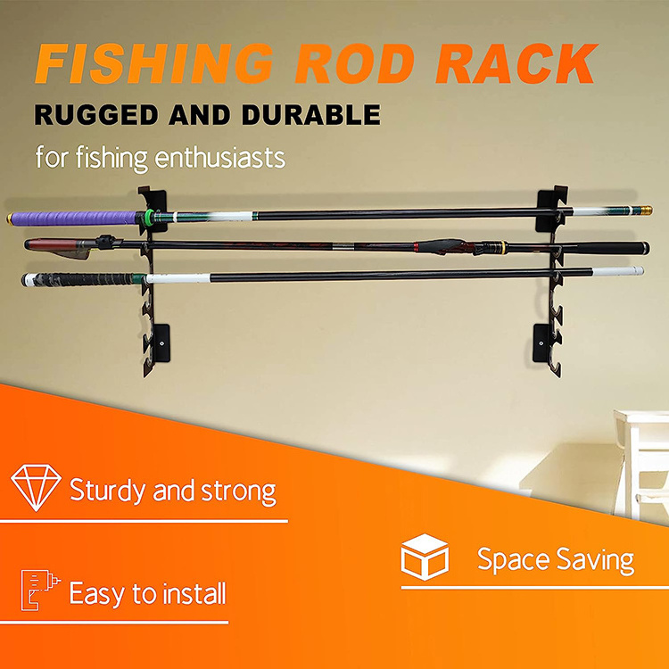 JH-Mech Fishing Pole Rack Holder Wall Storage Rack Holds up to 12 Rods Heavy Duty Metal Fishing Rod Display Rack