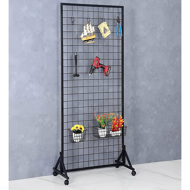 JH-Mech 2-Pack Grid Wall Panels Supermarket Shelves with T-Base Sturdy Floorstanding on Wheels Wire Grid Wall Panels