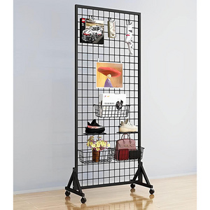 JH-Mech 2-Pack Grid Wall Panels Supermarket Shelves with T-Base Sturdy Floorstanding on Wheels Wire Grid Wall Panels