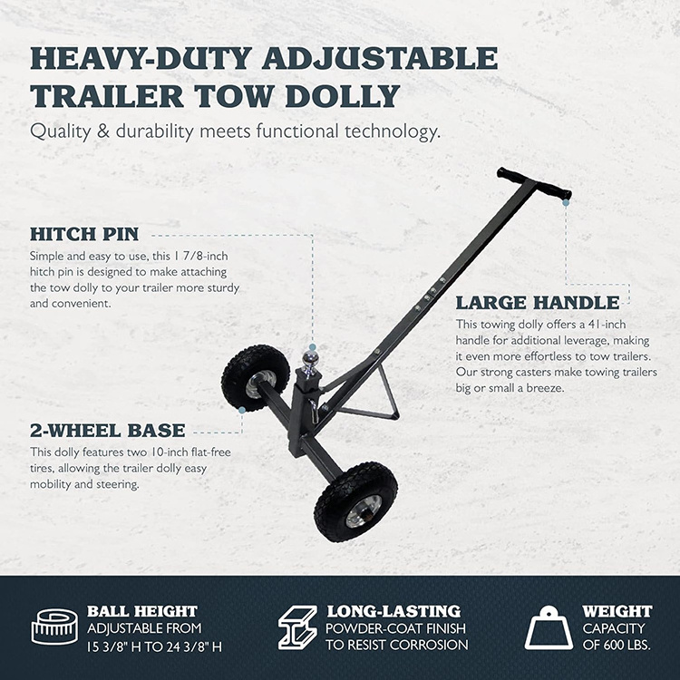 JH-Mech Carbon Steel Wheels 600 Pound Capacity Hitch Ball Height Flat Free Tires Black Adjustable Trailer Dolly