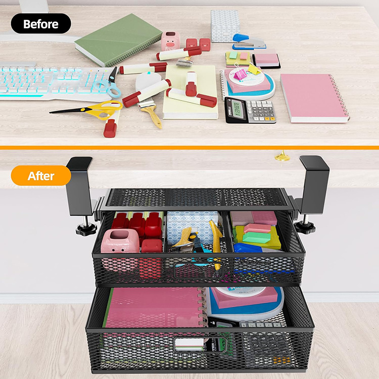 JH-Mech Under Desk Storage Drawer No Drill Container 2 Slide Out Cabinet Metal Drawer Under Desk for Home And Office