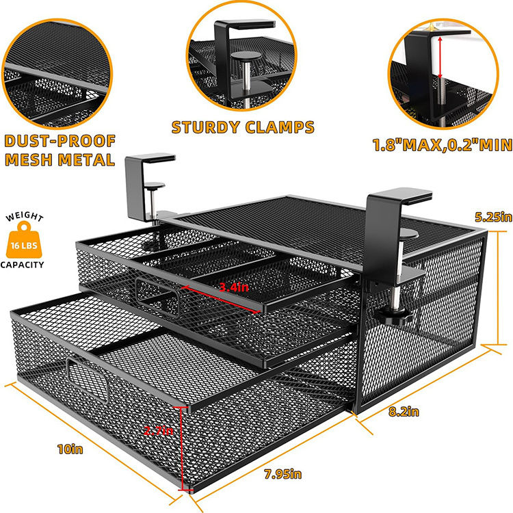 JH-Mech Under Desk Storage Drawer No Drill Container 2 Slide Out Cabinet Metal Drawer Under Desk for Home And Office