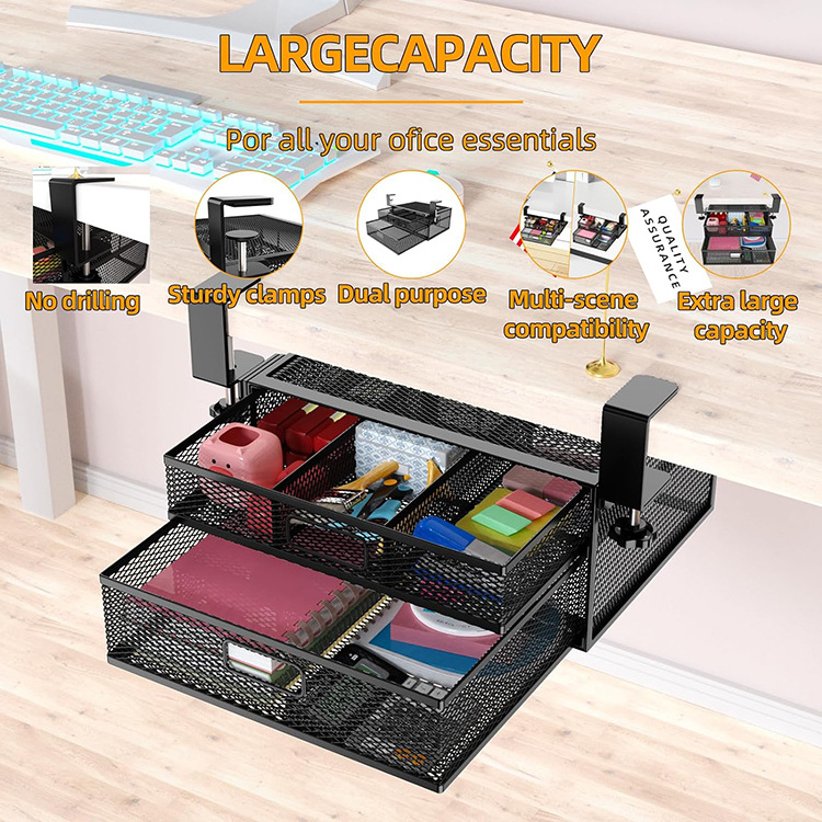 JH-Mech Under Desk Storage Drawer No Drill Container 2 Slide Out Cabinet Metal Drawer Under Desk for Home And Office